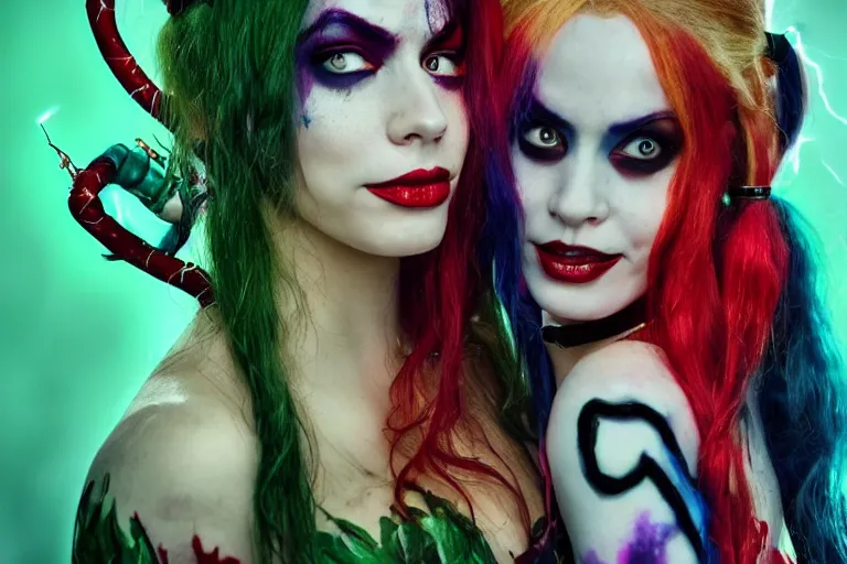 Prompt: harley quinn and poison ivy in love with each other. photo - realistic hd, hyperrealism, colourful, highly detailed, cinematic, luminescence, 3 2 k, dop, high contrast, intricate, mystery, epic, fantasy