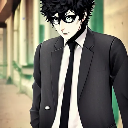 Image similar to persona 5 joker with a black blazer, white tshirt, and a black jean, in real life, pinterest, 4k high quality