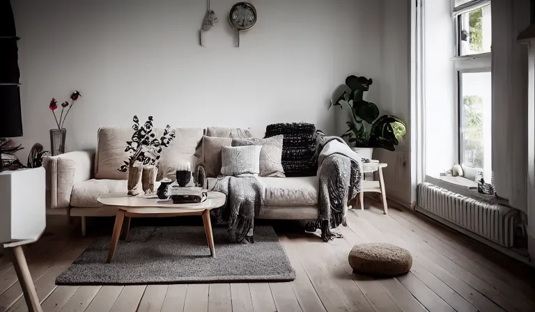 Prompt: sunrise 3 5 mm warm photo of a tastefully decorated scandinavian living room with light luxurious furnishings and a mix of jugend and modern furniture