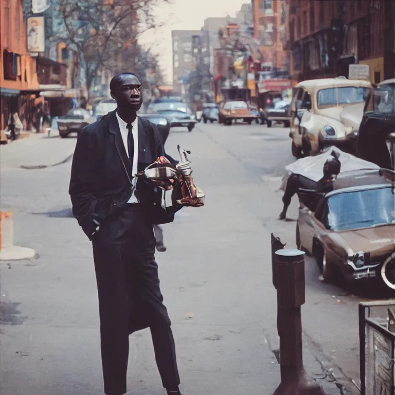 Prompt: medium format film portrait of man in harlem by street photographer, 1 9 6 0 s hasselblad film photography, featured on unsplash, photographed on vintage colour film