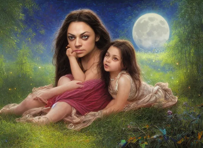 Image similar to Mila Kunis staring into the camera singing a lullaby, fireflies, full moon, Lilia Alvarado, Sophie Anderson, Mark Arian, Bob Byerley, Charlie Bowater, Mark Brooks, Steve Henderson, Justin Gerard, Arthur Hughes, Edward Robert Hughes, Mark Keathley, Victor Nizovtsev, Carlos Shwabe, Ross Tran, WLOP