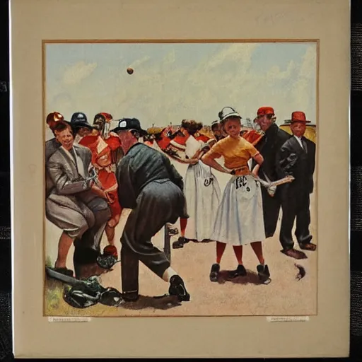 Image similar to 1946 baseball game, small town America, women in suits, women players, drawn by Norman Rockwell