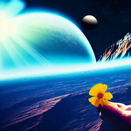 Image similar to astronaut finding a flower on an alien planet with mountains, water, strange clouds., high resolution photo, 8 k