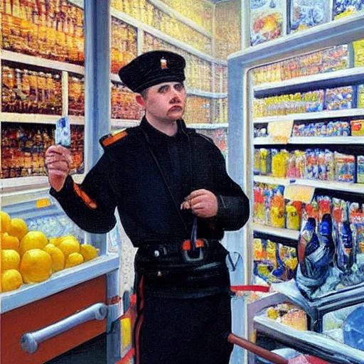 Image similar to “a detailed oil painting of a security guard in Pyatyorochka Russian grocery shop by Caravaggio”