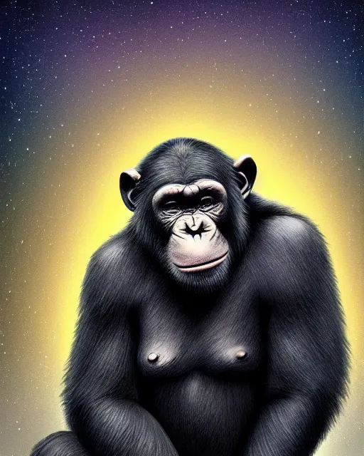 Prompt: very detailed high resolution illustration of a fat chimpanzee, backlit, stars, night, surrounded, 3 d, 8 k, extremely detailed, artstation, award winning