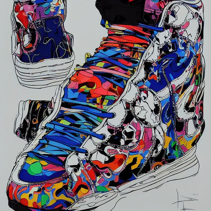 Prompt: futuristic sneakers in jeff koons hip hop bauhaus style, highly detailed, hyper realistic, art by todd mcfarlane