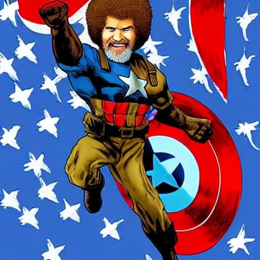 Image similar to Bob Ross as Captain America