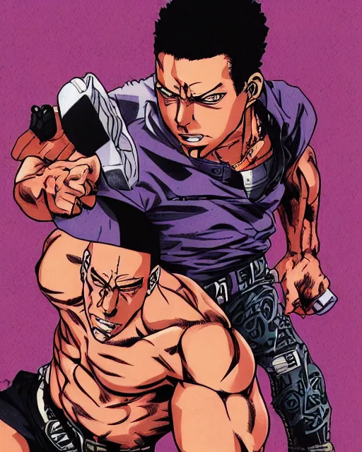 Image similar to Digital color pen drawing of Vin Diesel from JoJo\'s Bizzare Adventure, highly detailed, sharp focus, screentone shading, 1990 manga panel, trending on ArtStation, manga cover art drawn by Hirohiko Araki