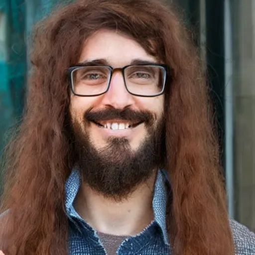 Prompt: a photo of a guy with very long brownish! hair!, with nerdy! glasses! and goatee, with shark mouth theet grin, evil