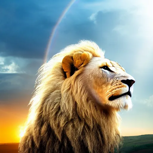 Prompt: coherent 8 k photorealistic close up shot of a albino lion overlooking a heavenly blissful landscape with a large luminous rainbow overarching the landscape behind the lion in the sun showery sky