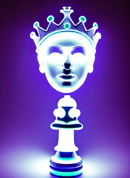 Image similar to queen chess piece photo, crown made of led point lights, pearlescent skin, skin made of led point lights, very detailed, highly detailed background, reflective chessboard, photorealism, sharp focus, photorealism, soft diffuse autumn lights, some sunlight ray, dark room wall, canon 5 d 5 0 mm lens