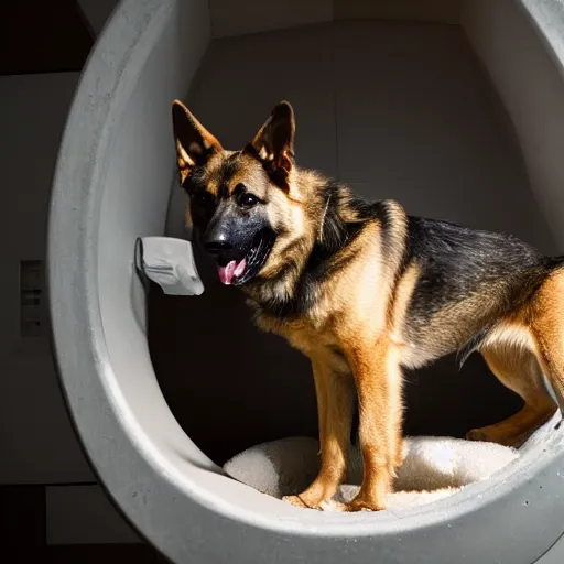 Prompt: German Shepperd sitting inside a toilet while having it's tongue out, 4k, high detail, photrealistic