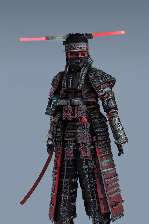 Image similar to hyperrealistic cyberpunk samurai character, ultradetailed, volumetric lighting, 4k UHD.