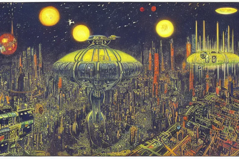 Prompt: a scifi illustration, Bird City on Endor by Louis Wain (1920)