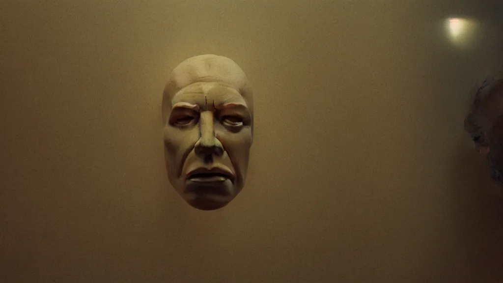 Prompt: the giant human head made of wax, film still from the movie directed by Denis Villeneuve with art direction by Zdzisław Beksiński, wide lens