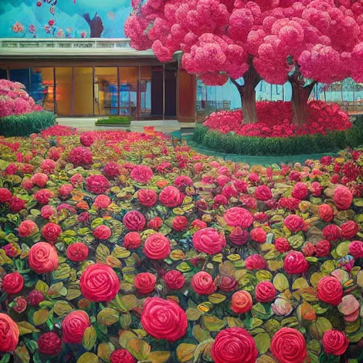 Image similar to hyper detailed painting- surreal flowers bushes everywhere, long petals, entangled foliage, glowing blossoms, huge blossoms, art by James Jean, Masterpiece, Edward Hopper and James Gilleard, Ross Tran, Mark Ryden, Wolfgang Lettl, hints of Yayoi Kasuma, surreal