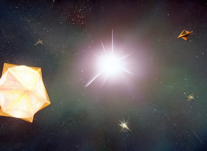 Image similar to a hyper realistic star tetrahedron floating in space, composition, photorealistic, epic