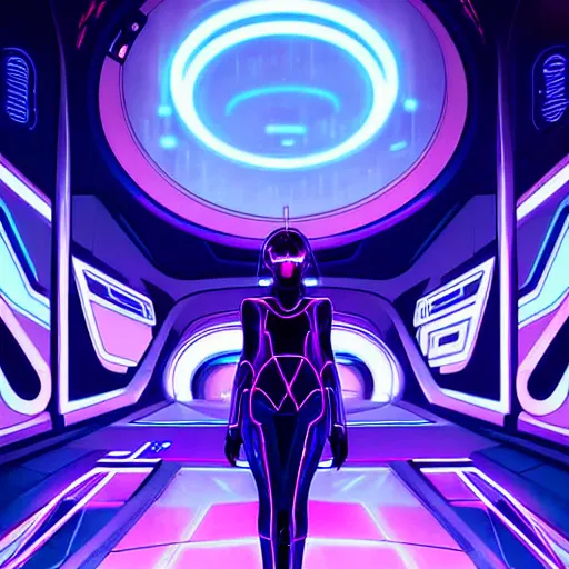 Prompt: Tron inspired character in the middle of the night in an abandoned space station, purple, sleek futuristic cityscape, blue, blacklight effects, neon lights, shimmery, glamorous, illuminated, glitch, vector drawing, illustration, art by Krenz Cushart and Artem Demura and alphonse mucha