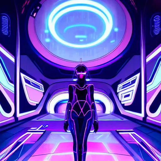 Image similar to Tron inspired character in the middle of the night in an abandoned space station, purple, sleek futuristic cityscape, blue, blacklight effects, neon lights, shimmery, glamorous, illuminated, glitch, vector drawing, illustration, art by Krenz Cushart and Artem Demura and alphonse mucha