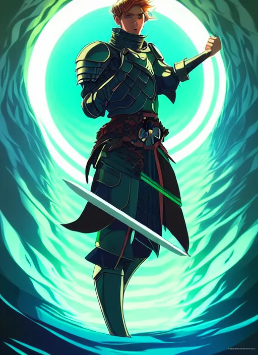 Prompt: style artgerm, joshua middleton, illustration, john krasinski as rune knight wearing green pelt light armor, anime eyes, blue hair, swirling water cosmos, fantasy, dnd, cinematic lighting