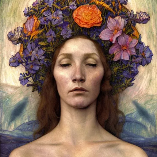 Prompt: flower queen, by annie swynnerton and charlie bowater and tino rodriguez and nicholas roerich and jean delville and evelyn de morgan and lucien freud, dramatic lighting, floral tattoos, rich colors, smooth sharp focus, extremely detailed, adolf wolfli