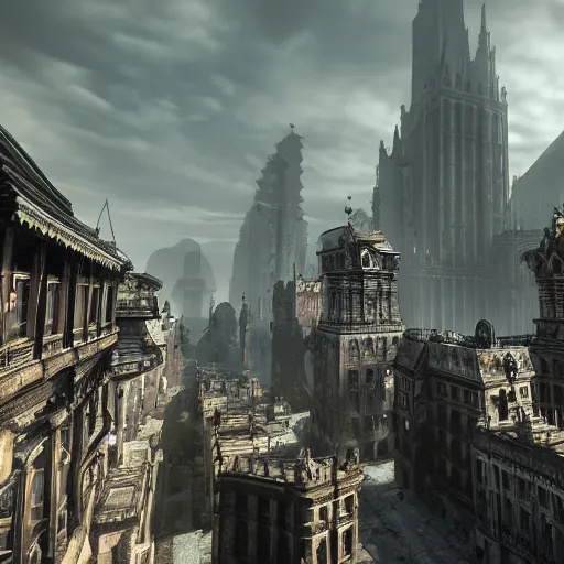 Image similar to grimdark gothic city, unreal engine, 8 k, ultra realistic, ultra detail