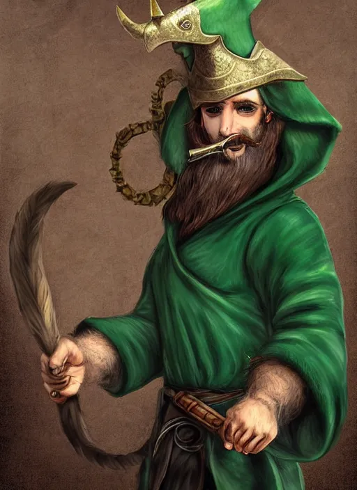 Image similar to ratfolk with beard and jewelry, green eyes, tricorne hat, green robe, D&D, digital art