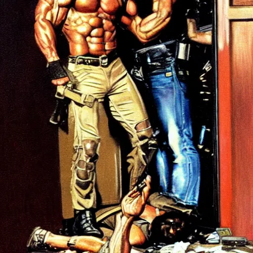 Prompt: arnold schwarzenegger as the terminator is refused entry to a nightclub by a doorman, who fears a repeat of last time, painted by norman rockwell and tom lovell and frank schoonover