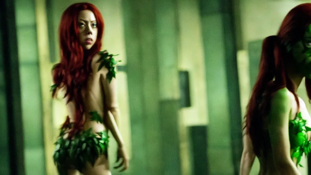 Image similar to Aubrey Plaza as Poison Ivy in The Dark Knight, only her in the shot, green skin film still from the movie, wide lens