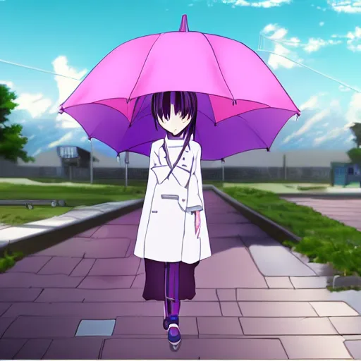 Prompt: screenshot of an anime where girl in raincoat is holding umbrella, purple tone, pixiv