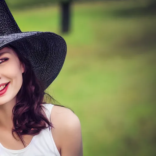 Image similar to a photo of a young pretty woman smiling with an oversized witch hat, photorealistic, high definition