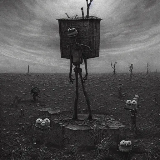 Image similar to spongebob squarepants in style of zdzisław beksinski, standing in wasteland, horror art, creepy, desolate