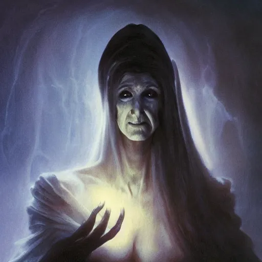 Image similar to head and shoulders portrait of a ghostly, shadowy, spectral banshee portrayed by celine dion, d & d, fantasy, greg rutkowski, frank frazetta, alexandre chaudret, boris vallejo, michael whelan, miro petrov, hr giger, magali villeneuve, donato giancola