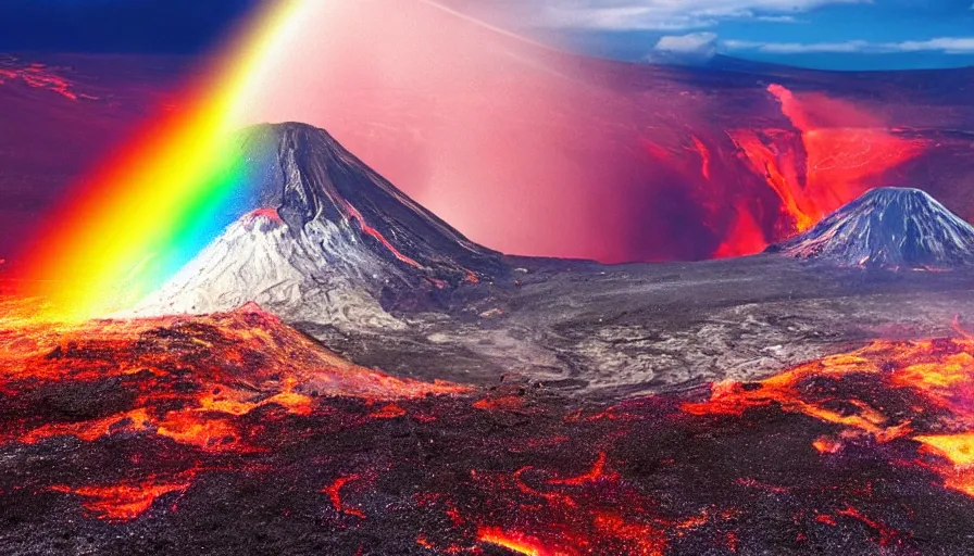 Prompt: a rainbow over an erupting volcano, digital art, highly detailed, realistic, bright colors, 8 k