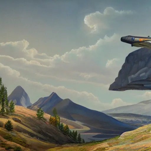 Prompt: highly detailed painting of a mountain landscape with a submarine flying above it