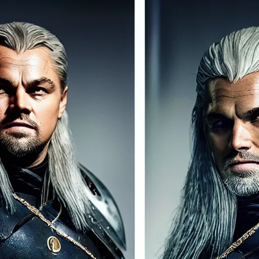 Image similar to Leonardo Dicaprio wearing Geralt of Rivia\'s armor, promo shoot, studio lighting