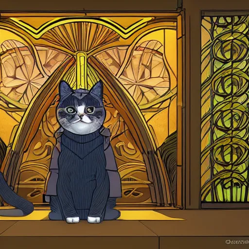 Image similar to a cat wearing a hooded cloak, in an elevator with art nouveau neon panelling, by pascal blanche and james jean moebius and james gurney and greg rutkowski, 8 k