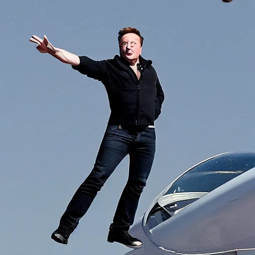 Prompt: paparazzi shot of elon musk being outside of an airplane in mid-air, horror face, highly detailed skin, highly detailed face