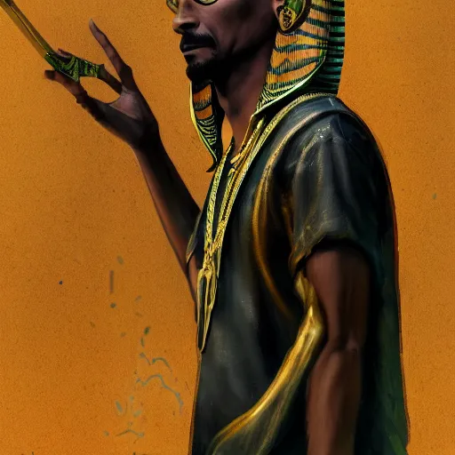 Image similar to Snoop Dogg as the egyptian god Anubis, D&D, fantasy, intricate, cinematic lighting, highly detailed, digital painting, artstation, concept art, smooth, sharp focus, illustration, art by Akihiko Yoshida, Greg Rutkowski and Alphonse Mucha