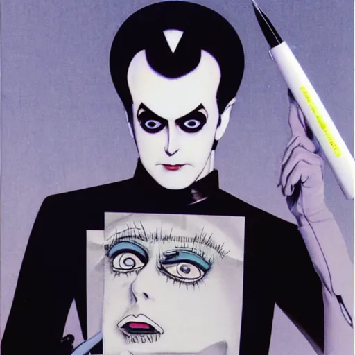 Image similar to a high quality product photo ad of klaus nomi with a technical reed rollerball pen exacto knife by junji ito, ethereal eel