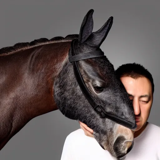 Image similar to man wearing horse head mask on shoulder of man