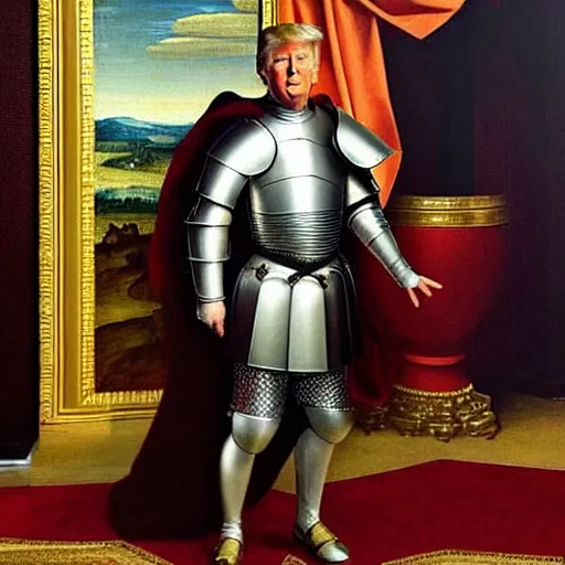 Prompt: full - body - front - shot!!!!!!!!!!!!, donald trump wearing knight'armor, crown, renaissance painting of a knight, detailed face of donald trump