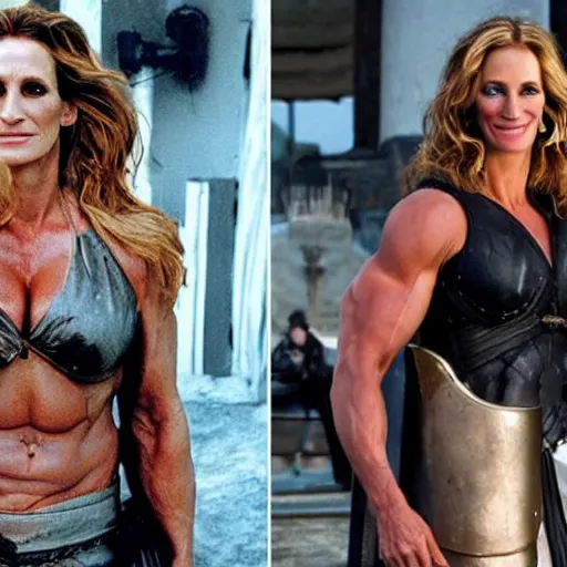 Image similar to first photos of 2 0 2 4 female 3 0 0 remake - muscular julia roberts as leonidas, put on 1 0 0 pounds of muscle, looks different, steroids, hgh, ( eos 5 ds r, iso 1 0 0, f / 8, 1 / 1 2 5, 8 4 mm, postprocessed, crisp face, facial features )