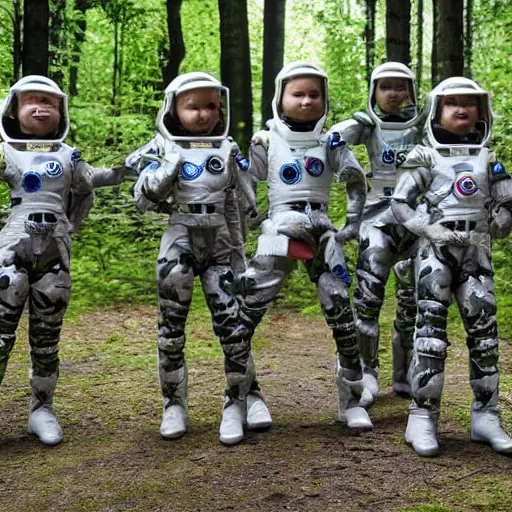 Image similar to a squad of space scouts wearing camo uniforms with white armor and helmets and a tall robot exploring a forest planet