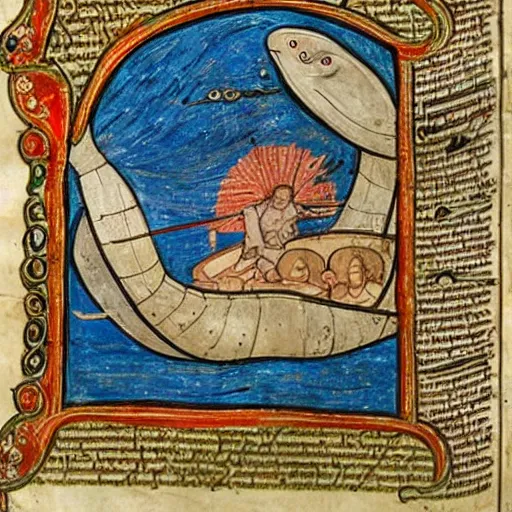 Image similar to medieval illuminated manuscript bible page depicting jonah in the belly of the whale