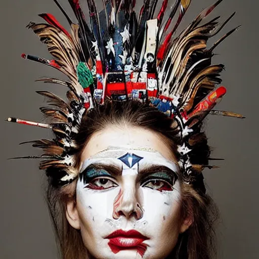 Image similar to a beautiful portrait sculpture designed by Sandra Chevrier, tribal head dress, American stars and stripes on face, by Annie Leibovitz