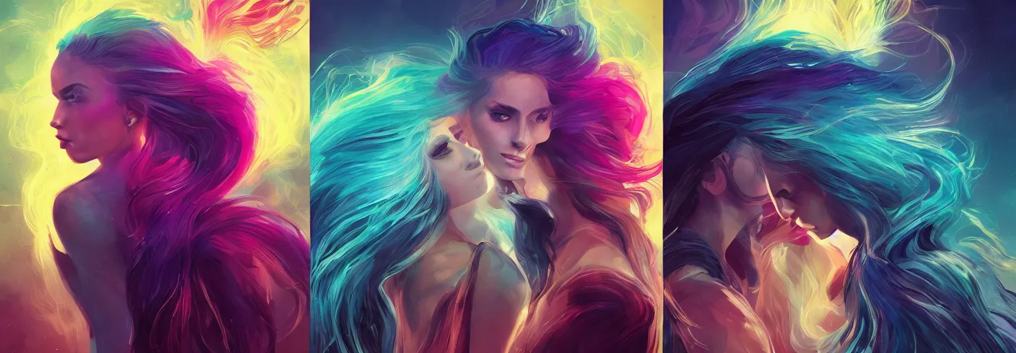 Image similar to album art two people back to back connected by their spiral hair bold colors, epic lighting, minimal background Greg rutkowski