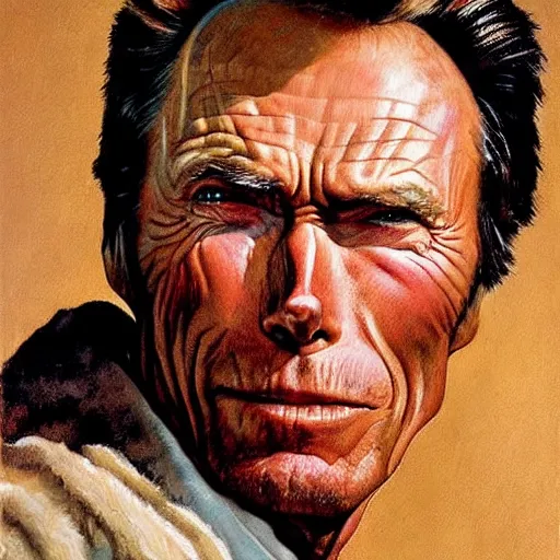 Image similar to a portrait painting of Clint Eastwood. Painted by Norman Rockwell