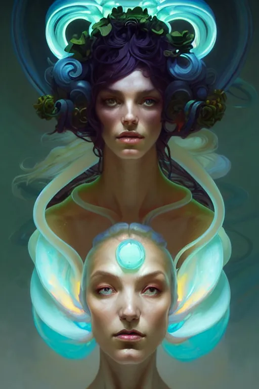 Image similar to portrait, bioluminescent druid, elegant baroque, asymmetrical art, hyperrealism, colorful, vivid, imposing, epic, digital painting, artstation, concept art, by peter mohrbacher and wlop and rhads and artgerm and magali villeneuve and alphonse mucha