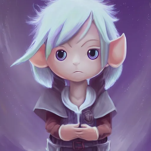 Image similar to little elf boy, purple tunic, blonde hair. light color palate, detailed soft painting, made in abyss art style, anatomically correct